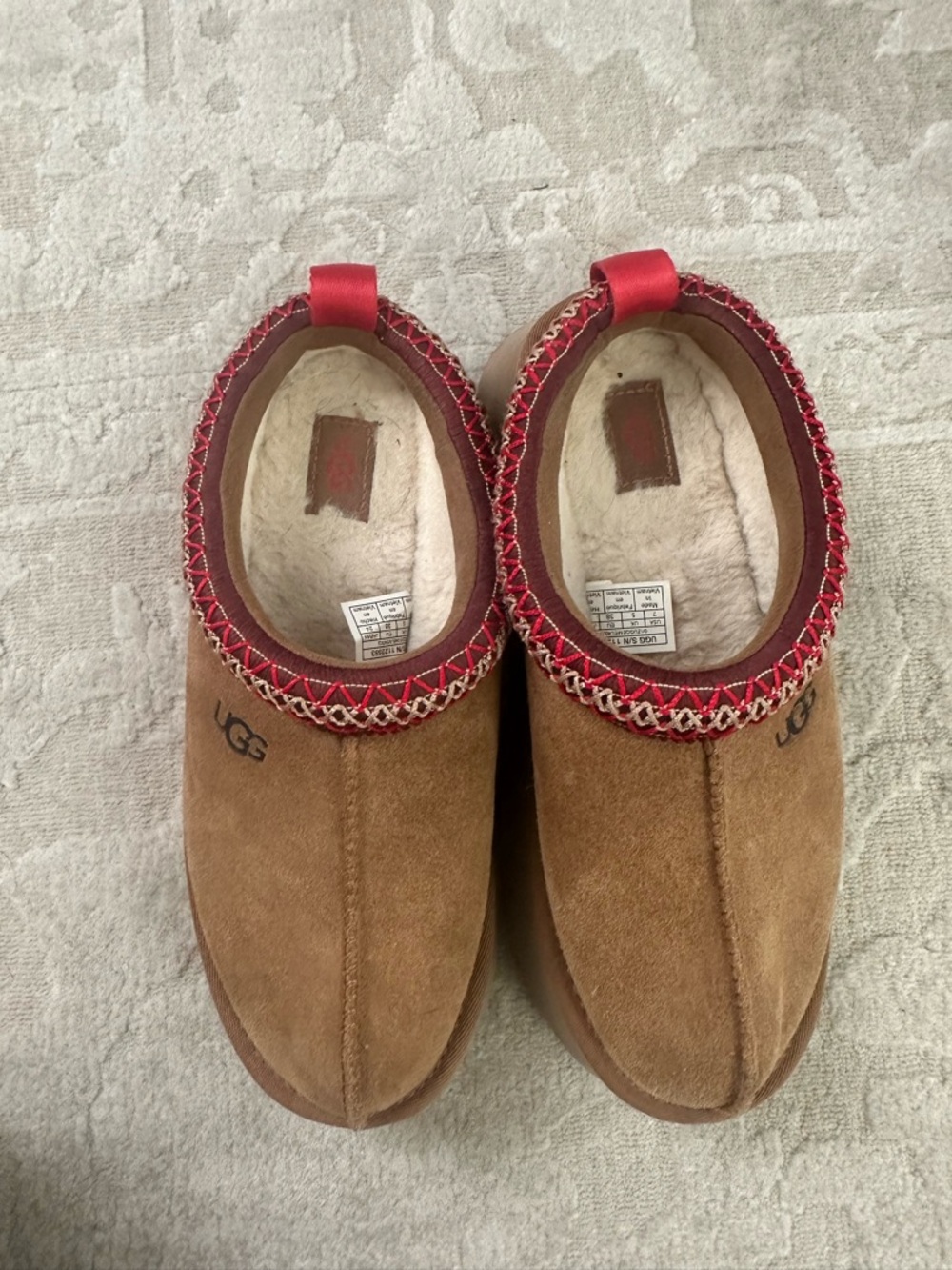 UGG Chestnut Brown Suede Slip-On Slippers with Red Trim - Picture 5 of 6